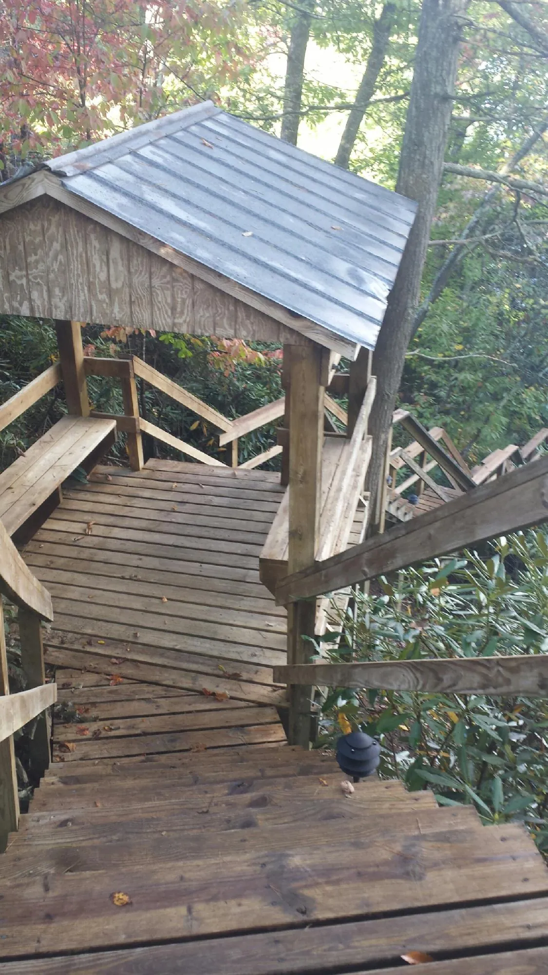 Metal roofed shelter over wooden steps on a wooded walkway — Skylight Repair & Installation work by our crew in Baskerville